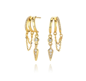 Close-up of gold S925 silver fringe earrings with layered chains and sparkling zircon