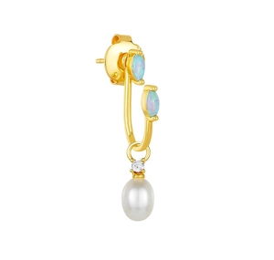 Detailed close-up of golden U-shaped earrings with opal stones and teardrop pearl drops