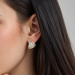 Sparkling S925 sterling silver triangle stud earrings with black and white enamel detail