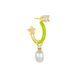 Detail of a C-shaped neon green enamel earring with a star charm and a white pearl drop