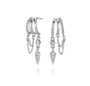 Detailed view of S925 sterling silver layered hoop earrings with zircon cone fringe