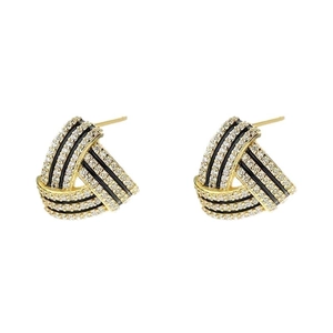 Sparkling S925 silver triangle stud earrings with gold plating and black enamel accents