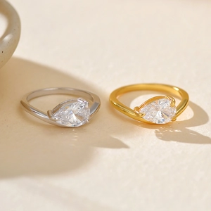 S925 Sterling Silver Pear Shaped Zirconia Ring Elegant Bypass Wave Design Gold Silver Plated Women Fashion Minimalist Jewelry