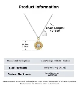 Détail du collier tournesol en argent sterling S925 avec spécifications de longueur