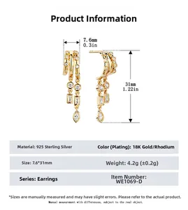 Detailed size specifications of S925 silver rivet earrings with tassel and zircons