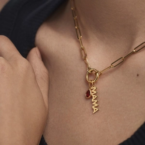 S925 silver gold paperclip chain necklace with MAMA pendant and red gemstone on neck