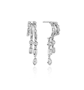Detailed view of S925 silver fringe earrings with pavé diamond studs and cascading crystals