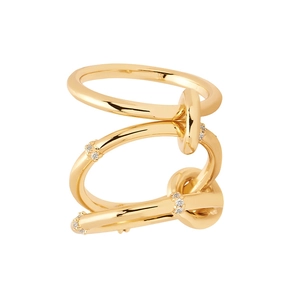 Anello triplo in argento 925 placcato oro con pavé di zirconi bianchi dal design moderno