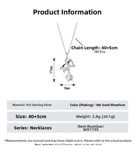 Detailed size specifications for the S925 sterling silver bear and star pendant necklace