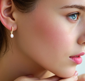 Close-up of elegant gold U-shaped earrings with micro-inlaid zircon and oval white pearls