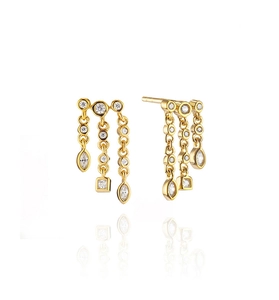 Detailed view of gold S925 silver earrings with tiered zircon chains and stud accents
