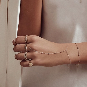 Elegant gold S925 silver ring and bracelet hand chain set with sparkling zircon stones