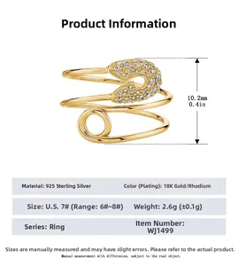Dettagli dell'anello a spilla in argento 925 con zirconi e info sulle dimensioni US 7