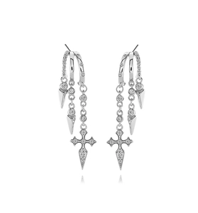 Detailed macro view of S925 silver punk style cross drop earrings with sparkling crystals