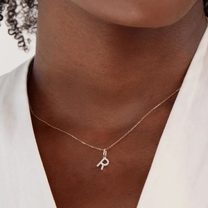 Sparkling S925 sterling silver letter R pendant necklace with full micro-pave crystals