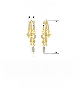 Macro view of S925 silver stud earrings with stars and moon charms and size detail