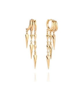 Detail of gold dangle earrings with triple chain tiers and cone-shaped spike pendants
