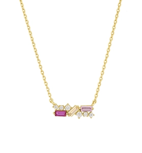 Detail of 18K gold necklace with geometric colorful zircon and sparkling diamonds