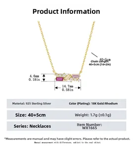 Detailed size specifications for S925 sterling silver necklace with zircon pendant