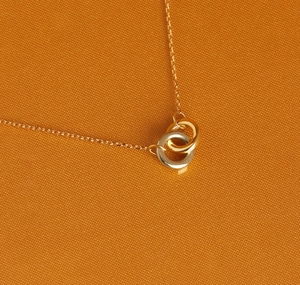 Makroaufnahme ineinandergreifender gold-silberner Ringe an einer feinen Halskette