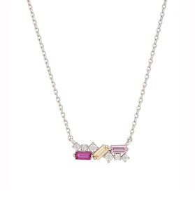 Detail of S925 silver necklace featuring three colorful rectangular zircons and white stones