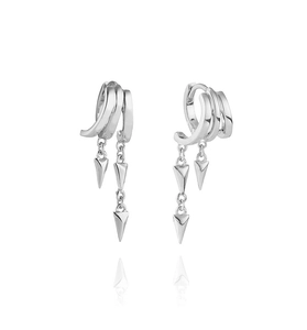 Detail of silver S925 earrings with triple hoops and hanging spike pendants