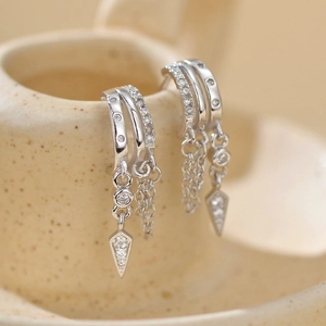 S925 Sterling Silber Quastenohrringe mit mehrlagigen Creolen und Zirkonia-Anhängern