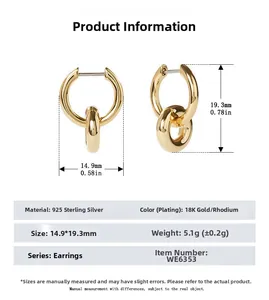 Detail view of 925 sterling silver double hoop earrings with 18K gold plating and dimensions