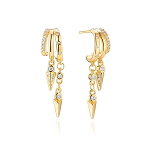 Double-layered gold spike earrings with micro-p镶d zircons and dangling cone pendants