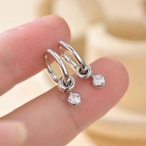 Polished S925 sterling silver hoop earrings with round sparkling zircon stone drops