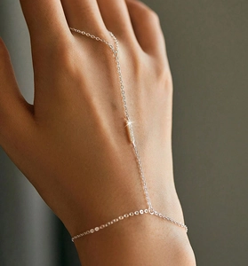 Detail of S925 sterling silver finger bracelet with shimmering crystal rectangle bar