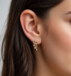 Detail of gold stud earrings with three dangling chains and mixed-cut clear gemstones