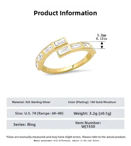 Detailed specs of S925 sterling silver adjustable ring with rectangular cubic zirconia