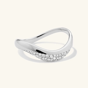 Irregular wavy silver ring with zircon diamond inlay in a minimalist luxury style