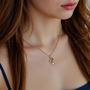 Golden S925 sterling silver necklace with cute 3D bear and purple zircon star pendant