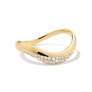Irregular wavy gold ring with zircon stones shown from a high-quality 45-degree angle