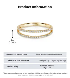 Detailed size chart for 18K gold plated S925 sterling silver double row pavé ring
