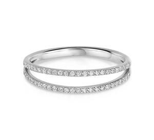 Macro detail of a double-row S925 sterling silver ring with pavé-set sparkling cubic zirconia