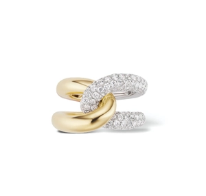 Detailed close-up of a dual-band crisscross ring with micro-paved sparkling diamonds