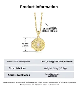 Detail specifications for round sunburst locket necklace with pearl in 925 sterling silver