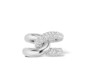 Macro shot of silver S925 interlocking ring with sparkling pavé micro-set diamonds