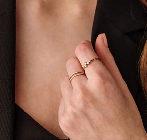 Detailed view of S925 silver gold-plated double-row diamond rings on a model
