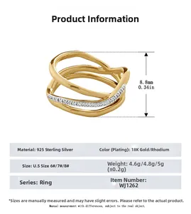 Detailed size chart and specifications for triple-layered S925 silver pave cross ring