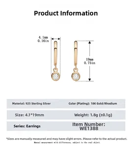 Detailed size chart for 925 sterling silver earrings with round zircon stones