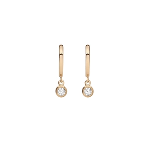 Detailed view of rose gold bezel-set round cubic zirconia dangle earrings on white background