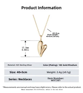 Detailed S925 sterling silver heart necklace specs showing 40+5cm chain length and 17.3mm pendant