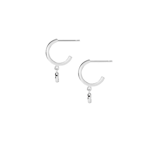 Detailed view of silver S925 sterling silver C-shaped drop earrings with round charms