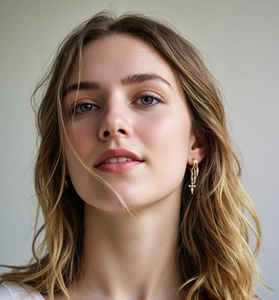 Close-up of gold hoop earrings with cross and star charms worn by a female model