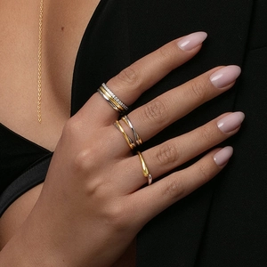 Ensemble de bagues croisées bicolores en argent S925 et collier chaîne dorée pour femme