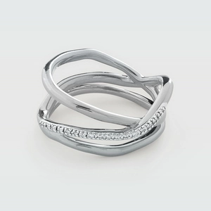 Three-layer interlocking S925 sterling silver geometric ring with sparkling pavé cubic zirconia